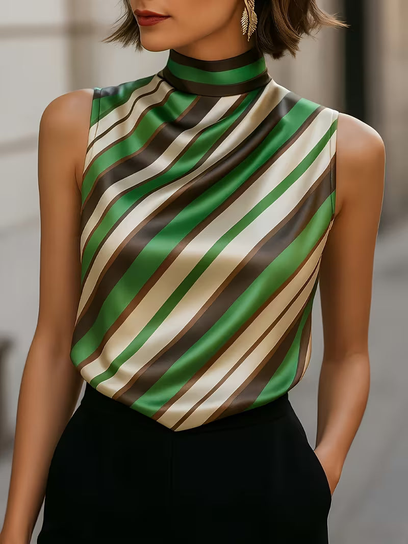 Alyza | Striped Satin High-Neck Sleeveless Top