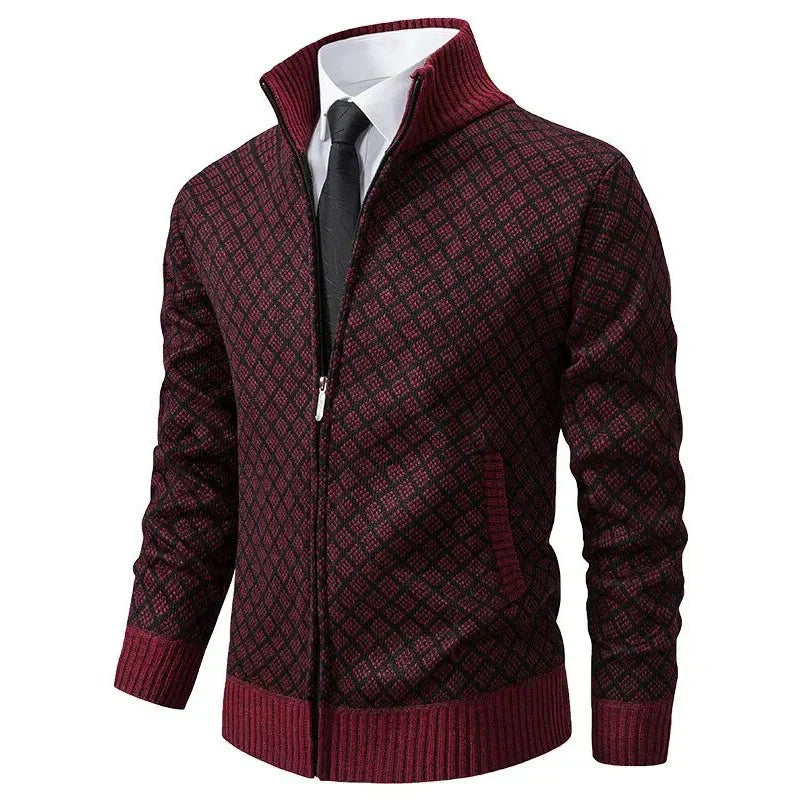 Klarik | Full-Zip Diamond Pattern Knit Cardigan