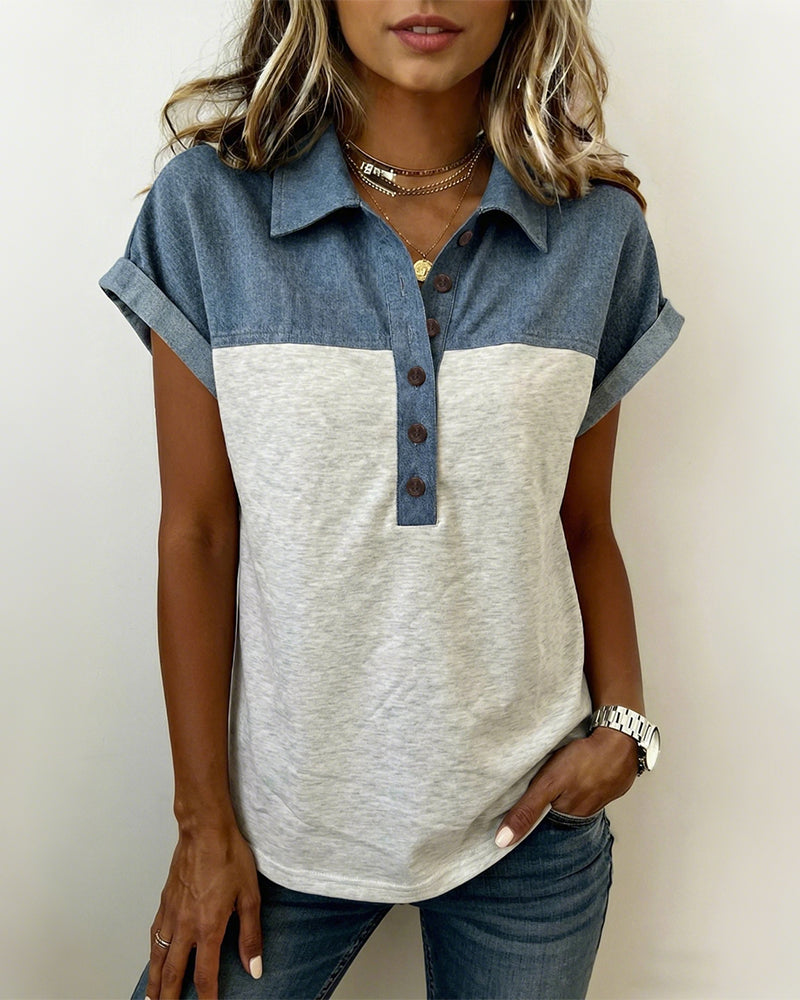 Myleena - Patchwork Polo Neck Short Sleeve Top