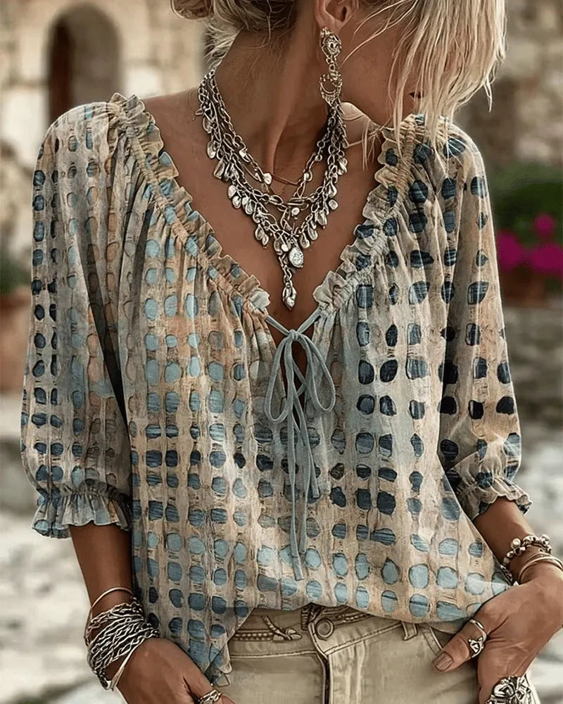 Orlyna | Polka Dot Lace Up V Neck Blouse