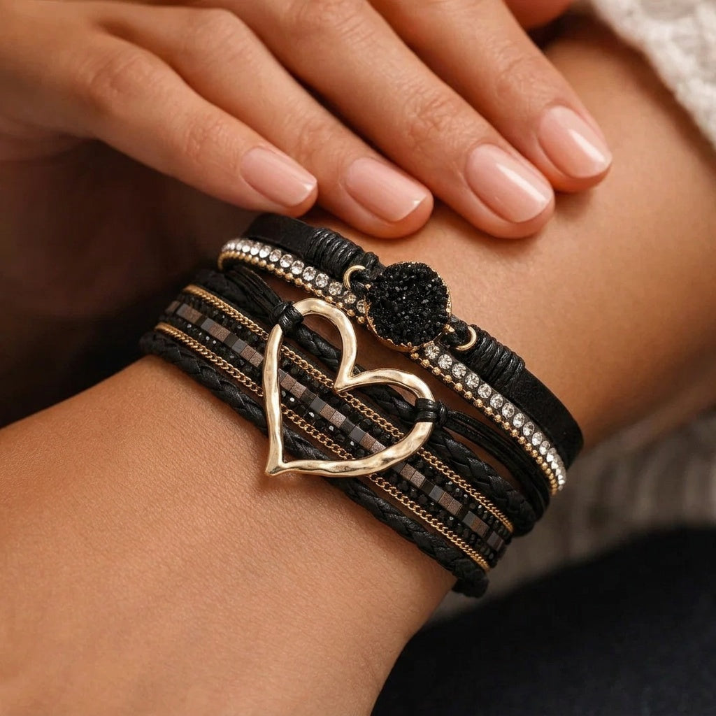 Reyn | Heart Charm Layered Leather Bracelet