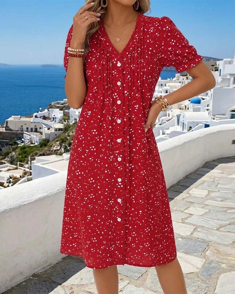 Dayma | Printed V Neck Button Front Dress