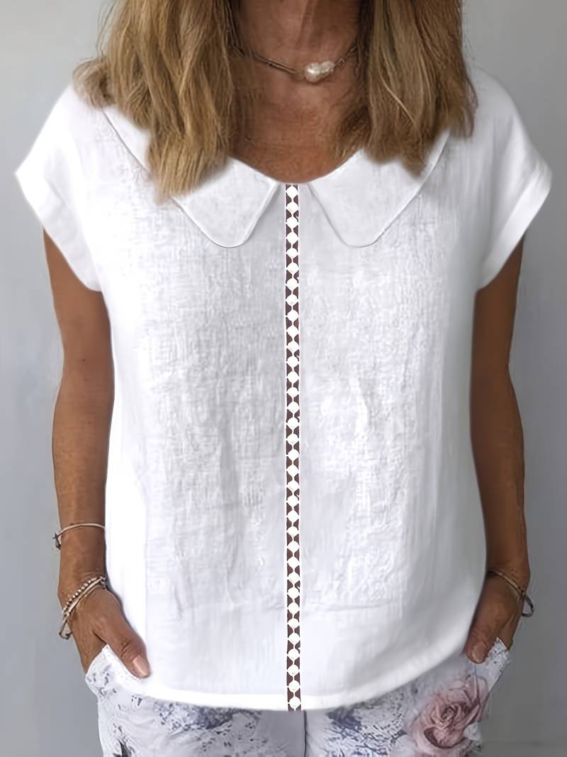 Krischelle - Peter Pan Collar Lace Trim Blouse