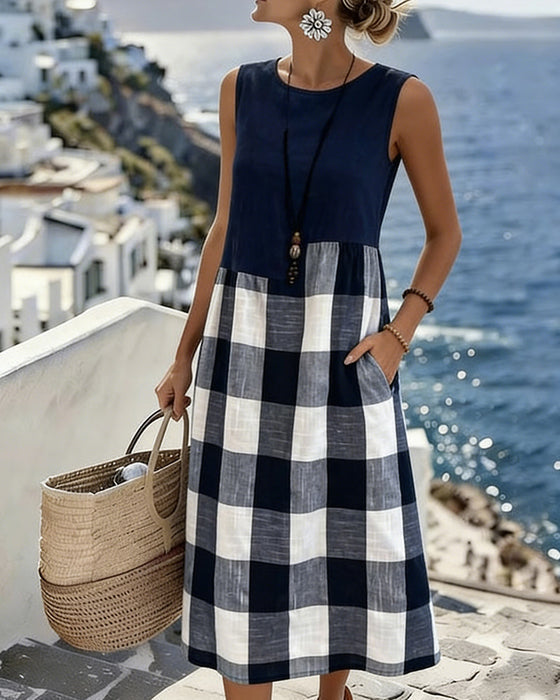 Suzina | Sleeveless Plaid Patchwork Midi Dress