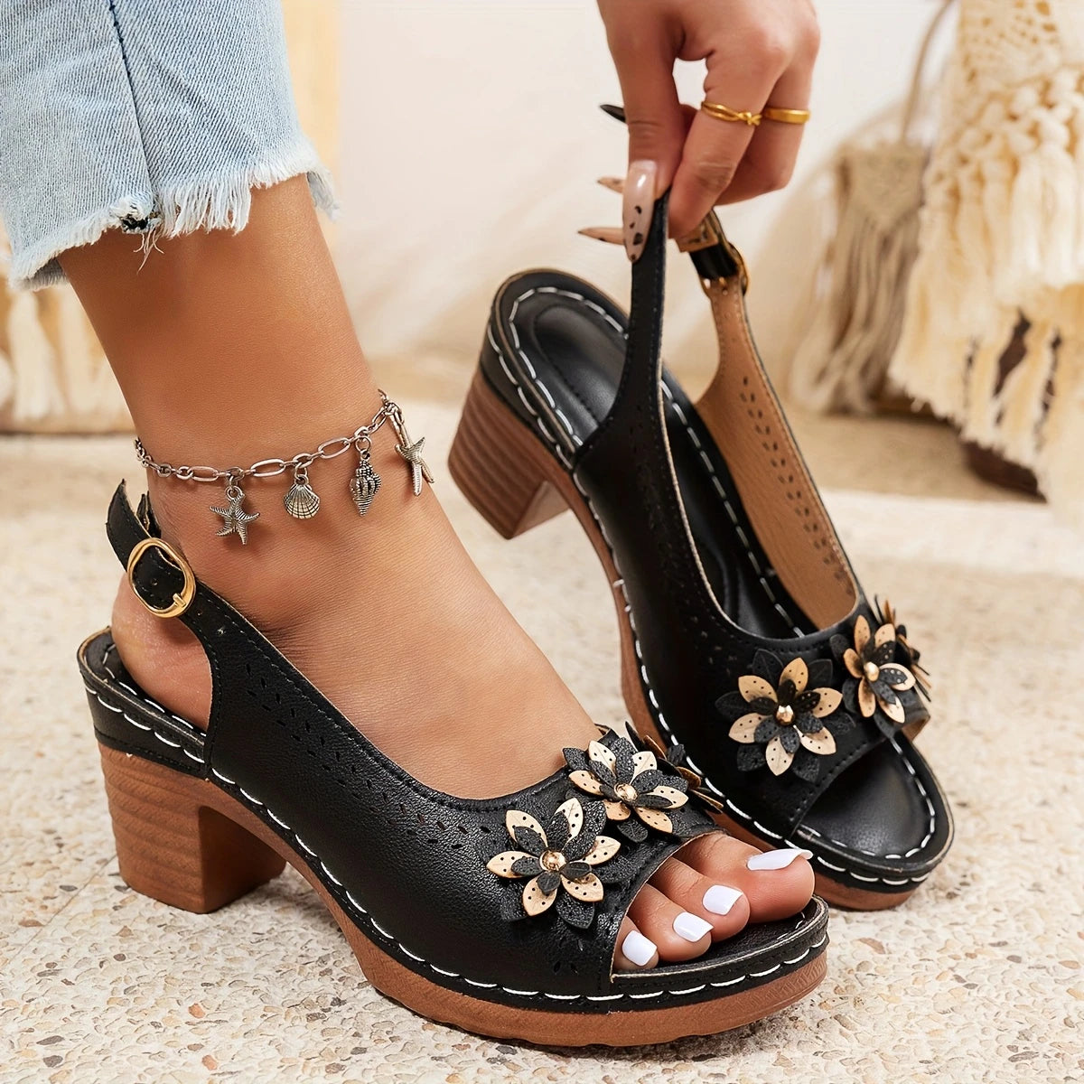 Haisley | Slingback Block Heel Floral Sandals