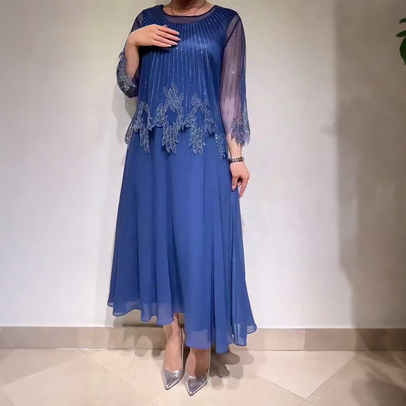 Eiriana | Embellished Mesh Sleeve Midi Dress