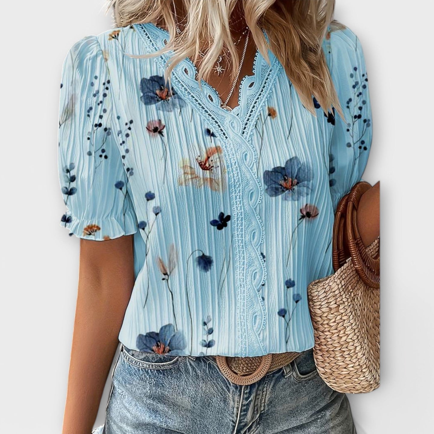 Bruni | Floral Print V Neck Lace Blouse