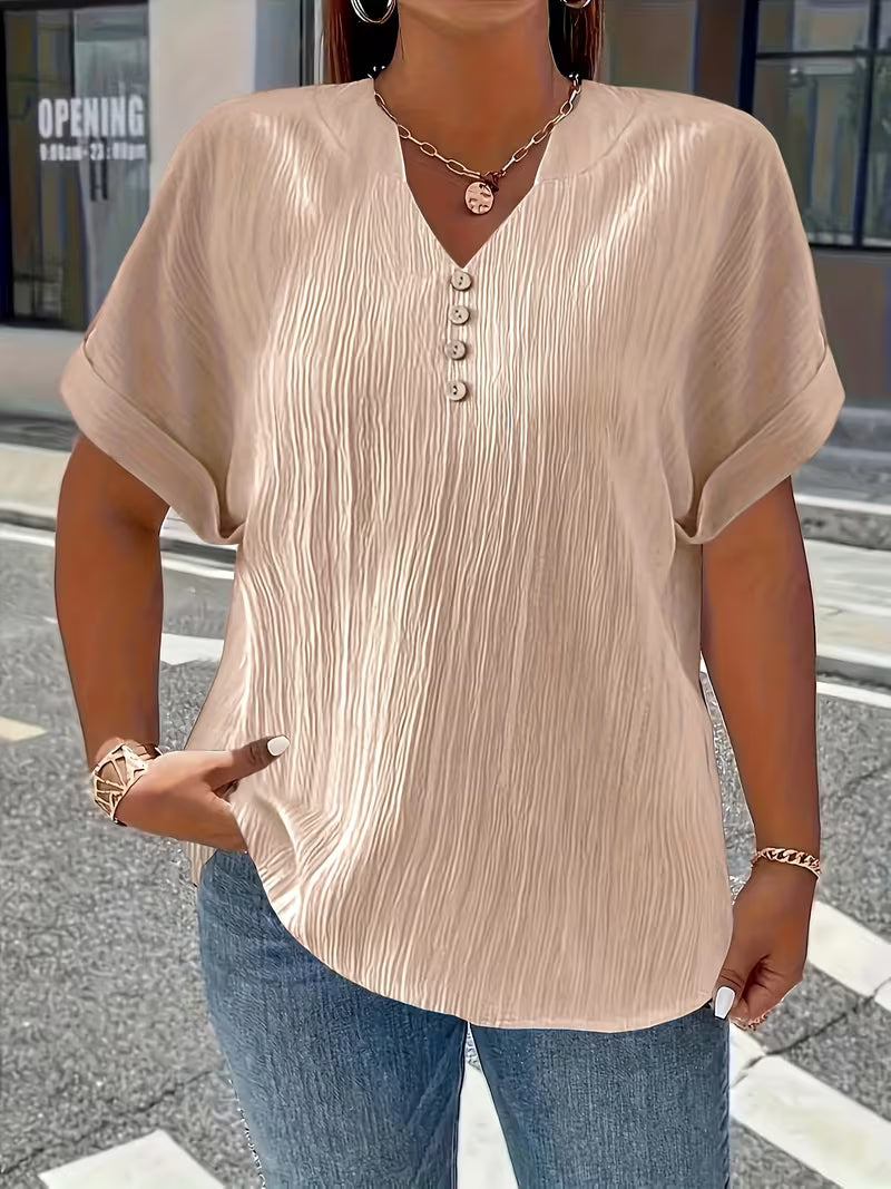 Mrella | T-Shirt with V-Neck Button Front Texture