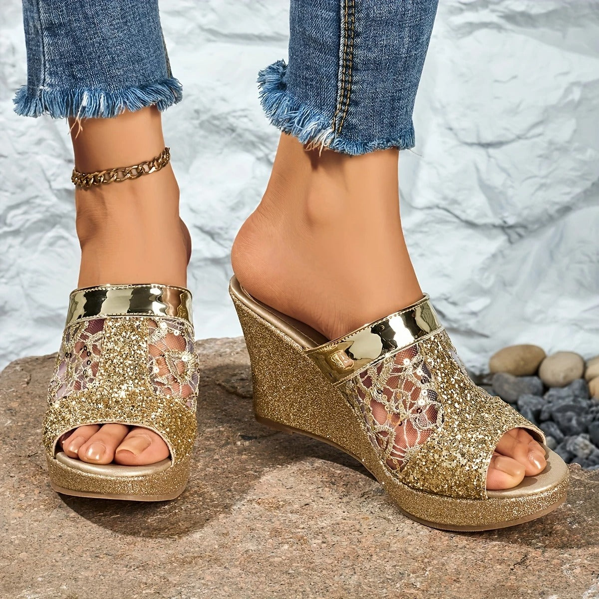 Alexis | Wedge Sandals With Lace Glitter Strap