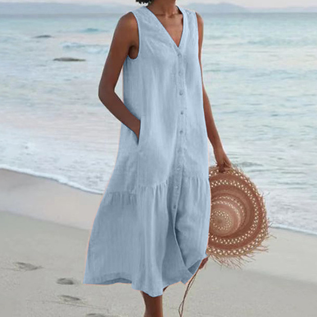 Maira | Sleeveless V Neck Button Midi Dress