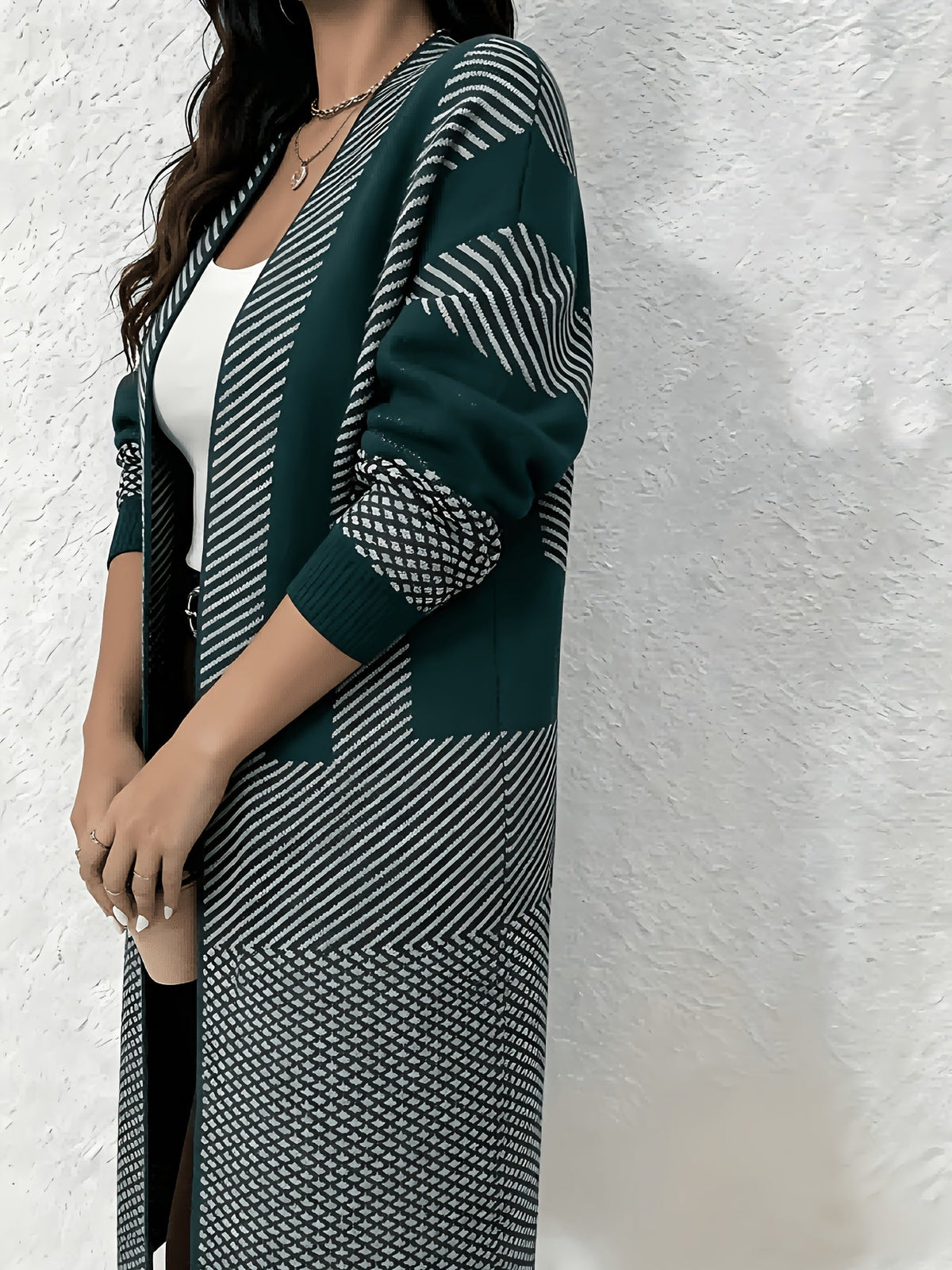 Liliyicia | Longline Geometric Knit Open Front Cardigan