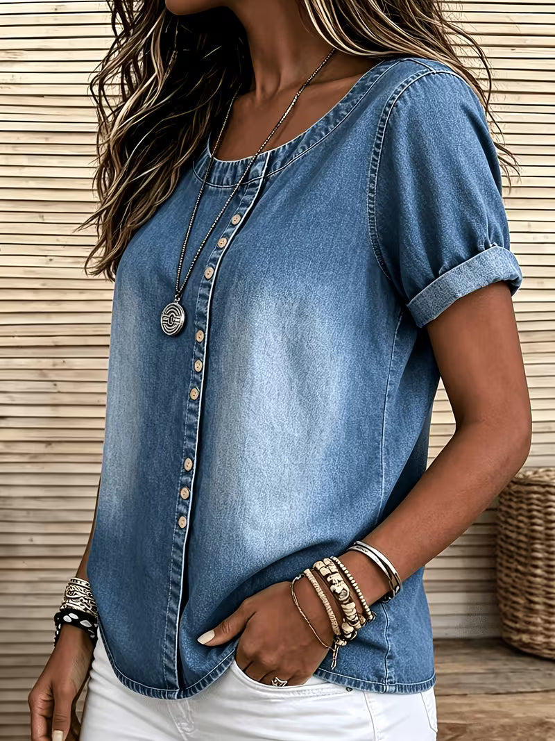 Ferina | Distressed Denim Look Short Sleeve Top