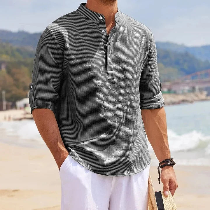Tjeerd | Textured Henley Stand Collar Shirt