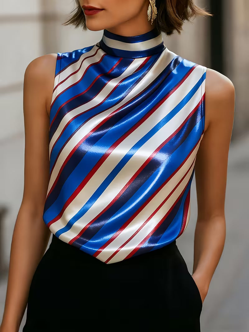 Alyza | Striped Satin High-Neck Sleeveless Top