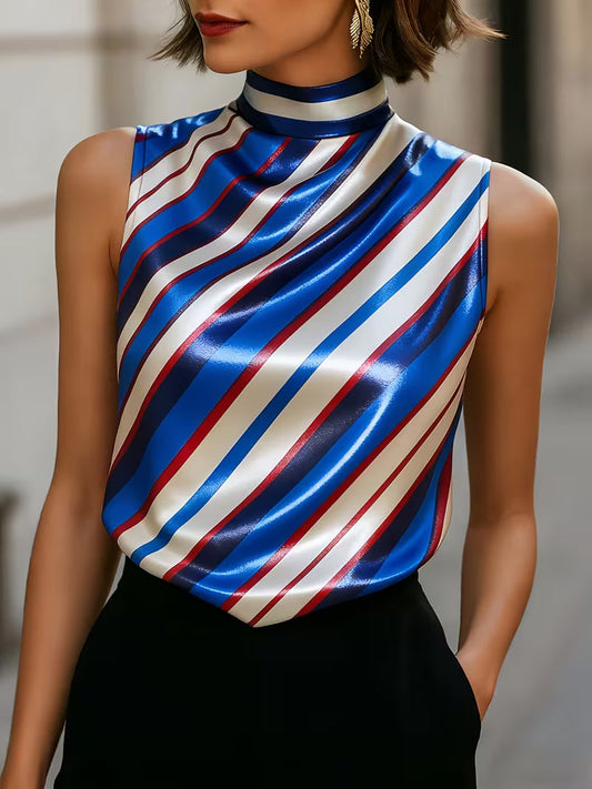 Alyza | Striped Satin High-Neck Sleeveless Top