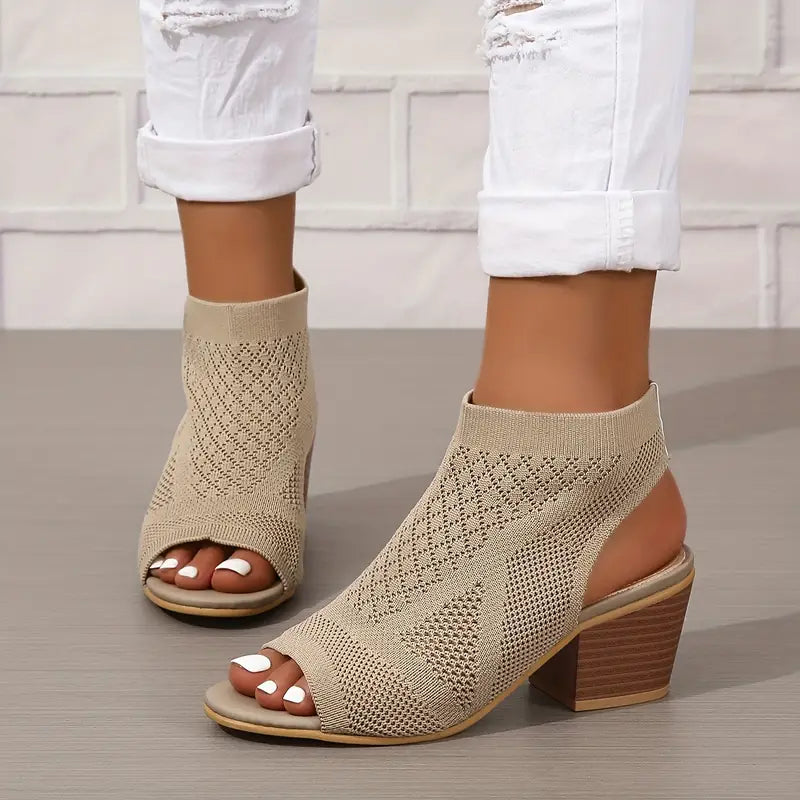 Velina | Peep Toe Knit Block Heel Sandals