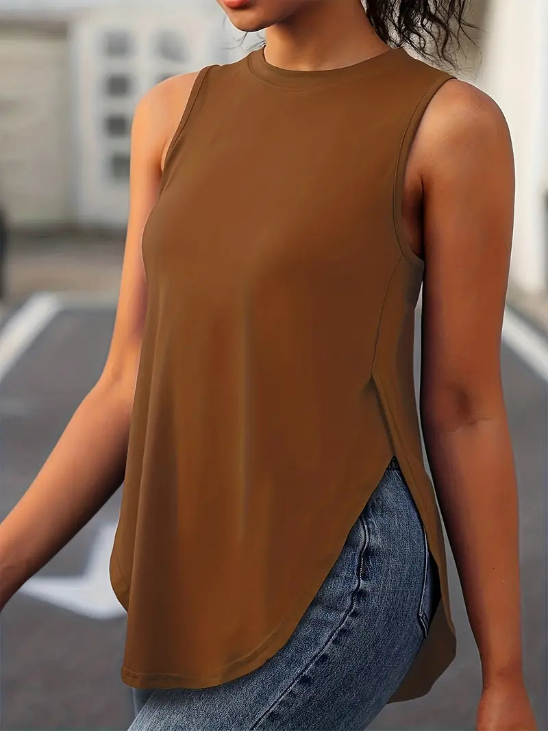 Desirae | Solid Sleeveless Crew Neck Tunic Top