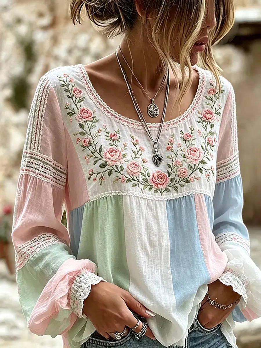 Esraa | Floral Embroidered Long Sleeve Blouse