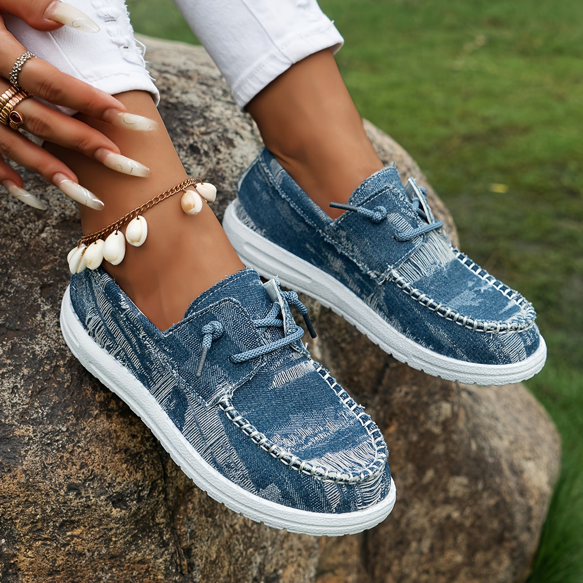 Astretira | Lace-Up Flat Sneakers with Denim-Style Design