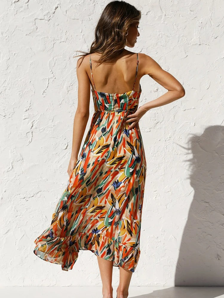 Emmeline | Printed Sleeveless V Neck Midi Dress