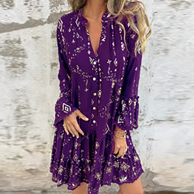 Gillian | Printed V-Neck Ruffle Dress