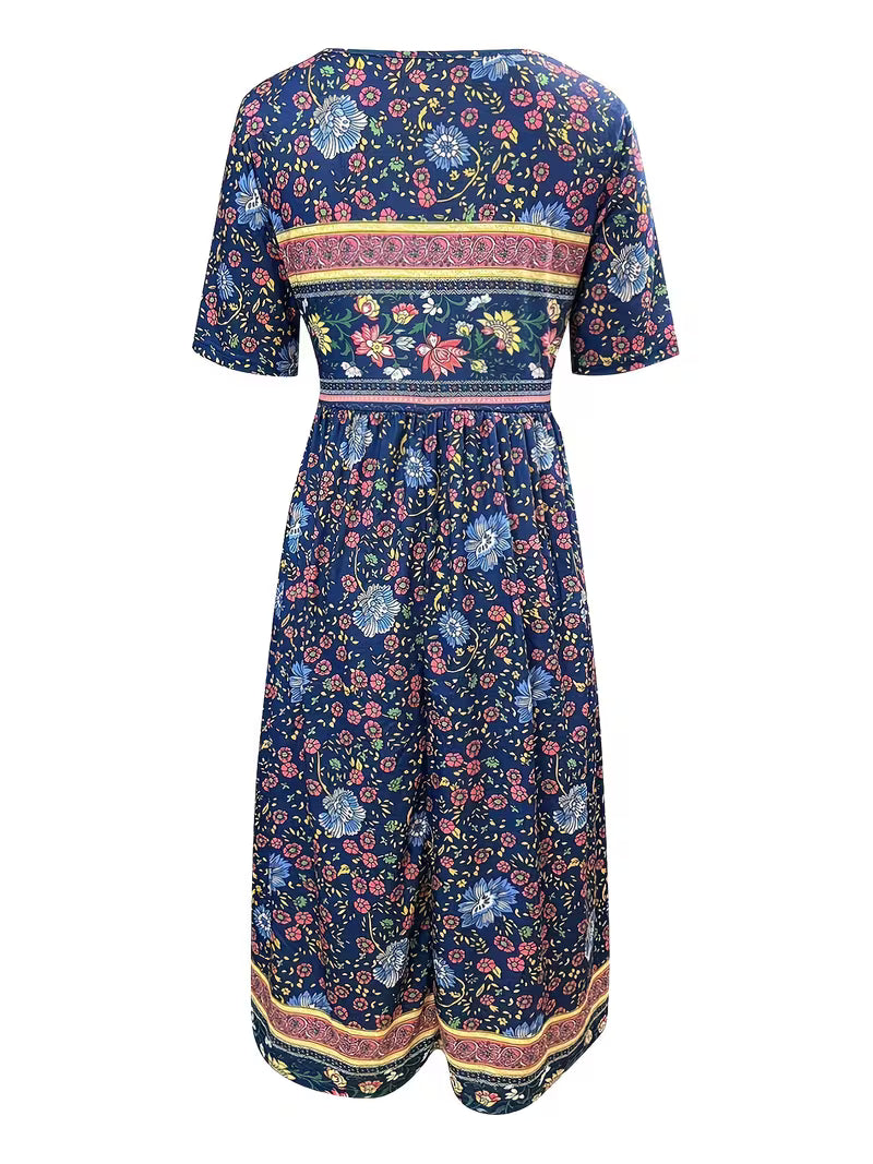 Lisan | Floral Print V-Neck Short Sleeve Midi Dress