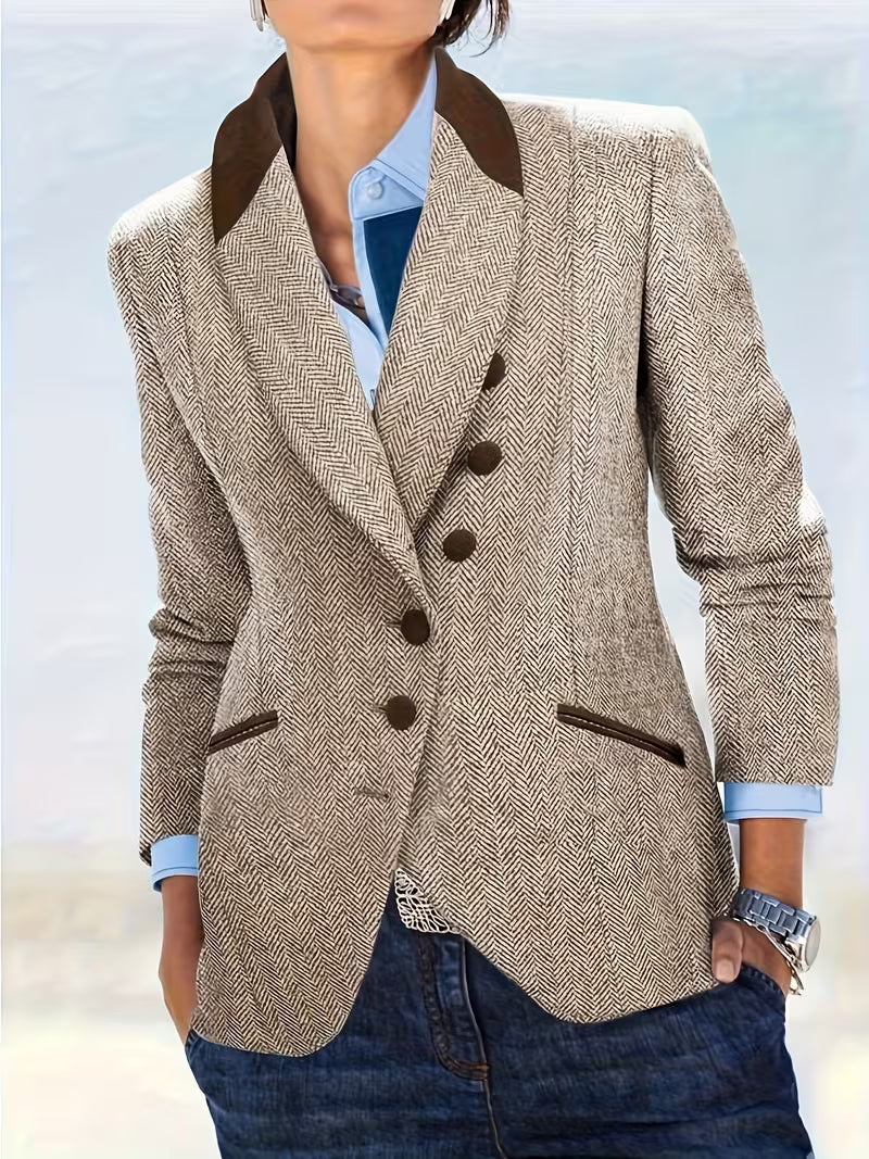 Yessica | Blazer Jacket Herringbone Notch Collar Beige