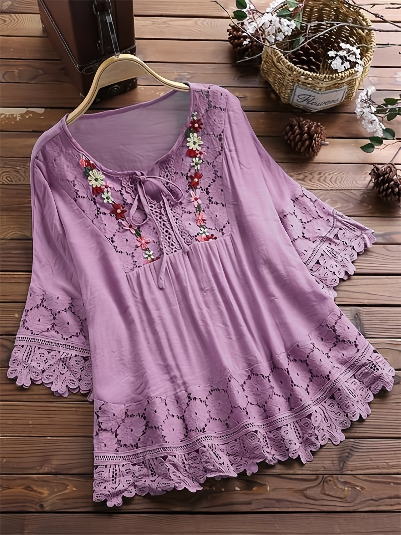 Esmeralda | Embroidered Lace Blouse With Tie Neck