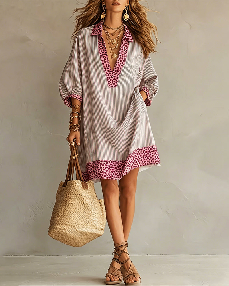 Marget | Mini Dress Striped Leopard Panel Puff Sleeves