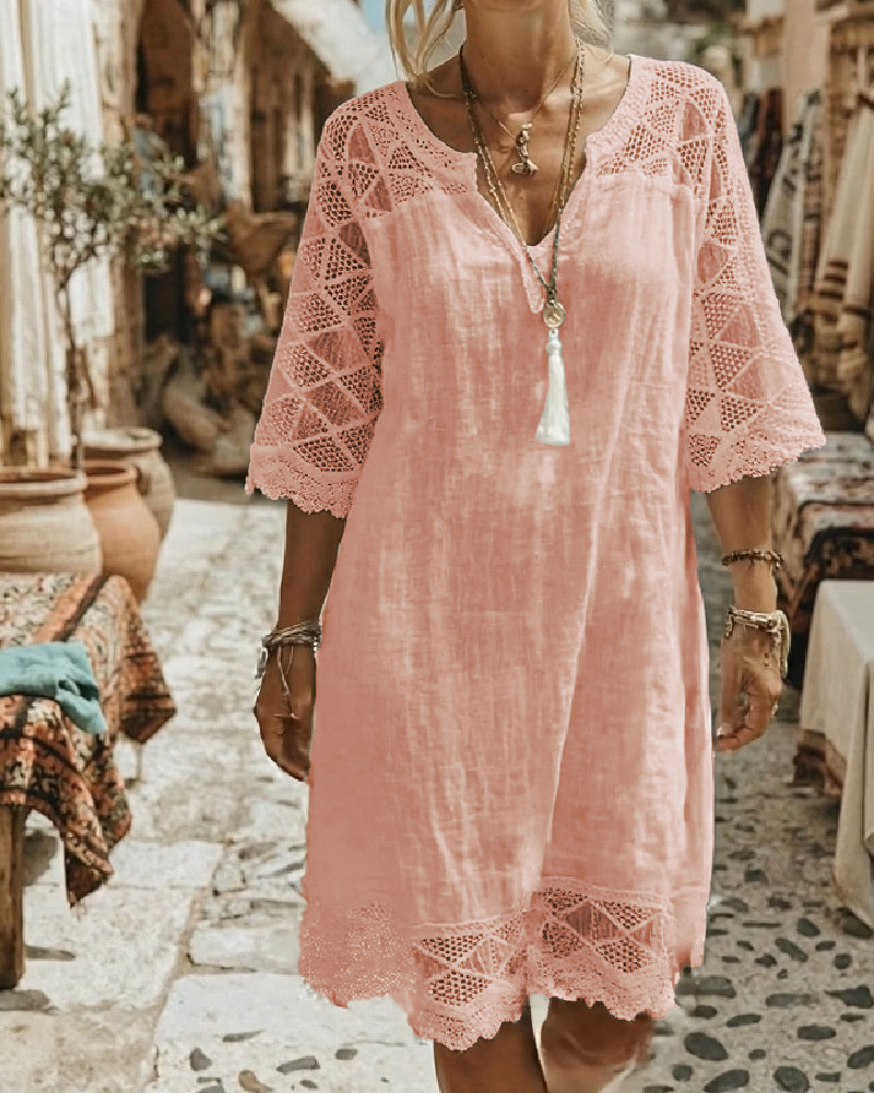 Kilina | V Neck Lace Trim Midi Dress