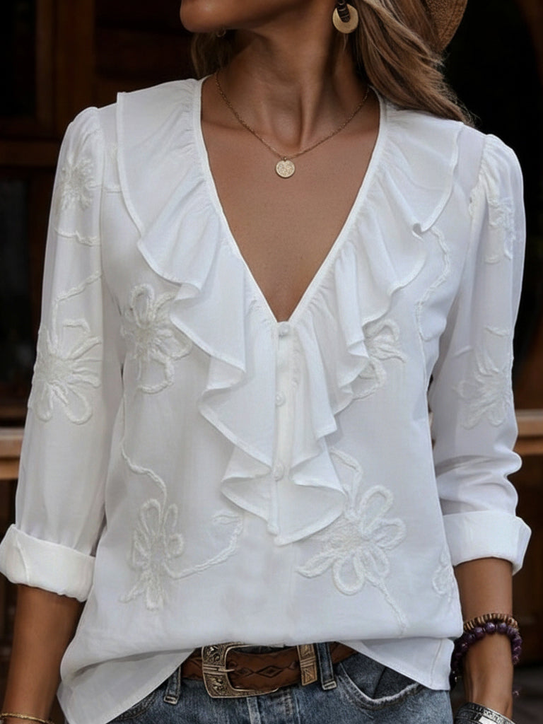 Celestine | Blouse Ruffle V Neck Floral Embroidery