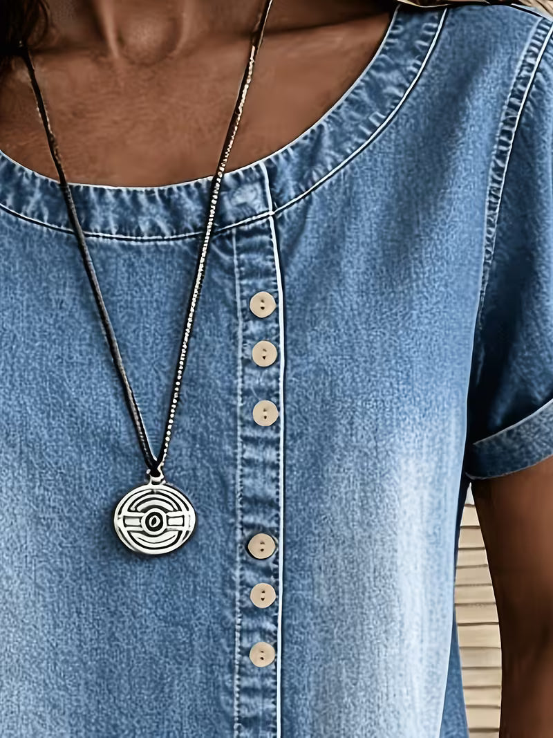 Ferina | Distressed Denim Look Short Sleeve Top