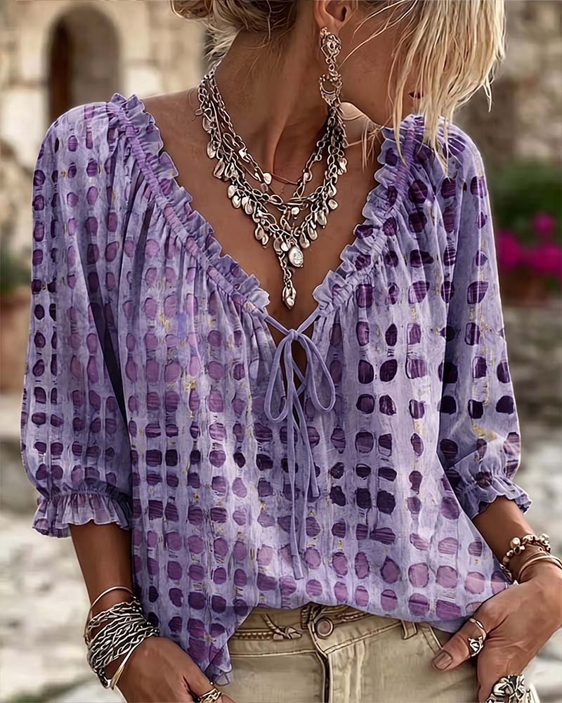 Kesney | Printed Tie Neck Peasant Blouse