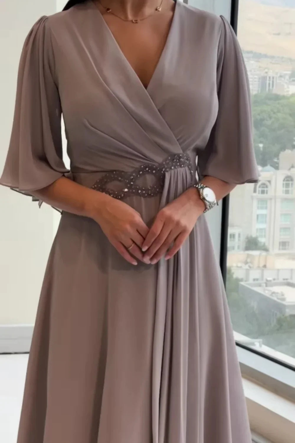 Bhagya - V Neck Flutter Sleeve Chiffon Dress