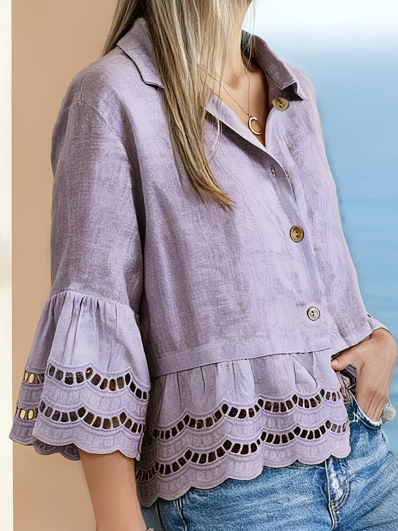 Solenn | Long Sleeve Ruffle Hem Button Blouse