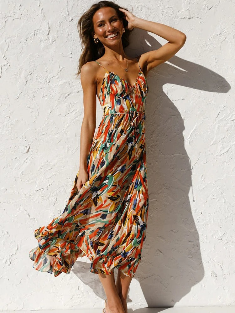Emmeline | Printed Sleeveless V Neck Midi Dress