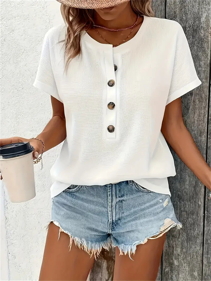 Marylou | Crew Neck Button Front Short Sleeve Top