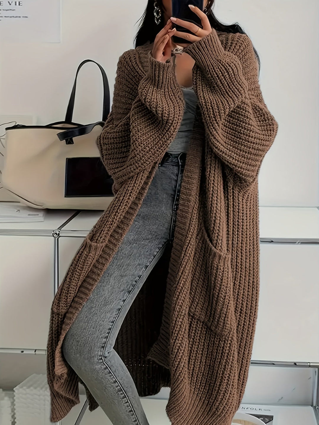 Maveoruna | Open Front Long Knit Cardigan with Pockets