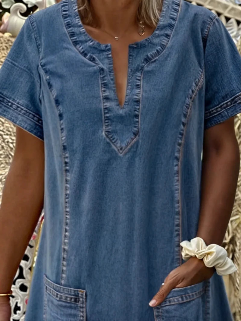 Polixeni | Denim Short Sleeve Pocket Dress