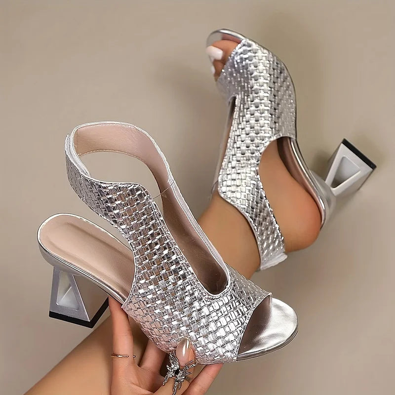 Dunnia - Peep Toe Woven Slingback Heels