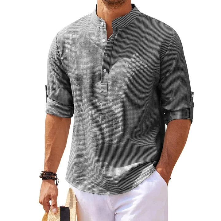 Tjeerd | Textured Henley Stand Collar Shirt