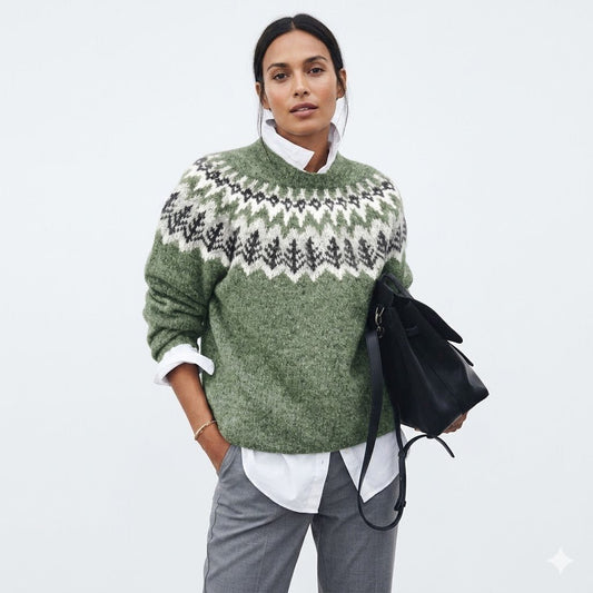 Winifred | Sweater With Green Fair Isle Yoke Pattern