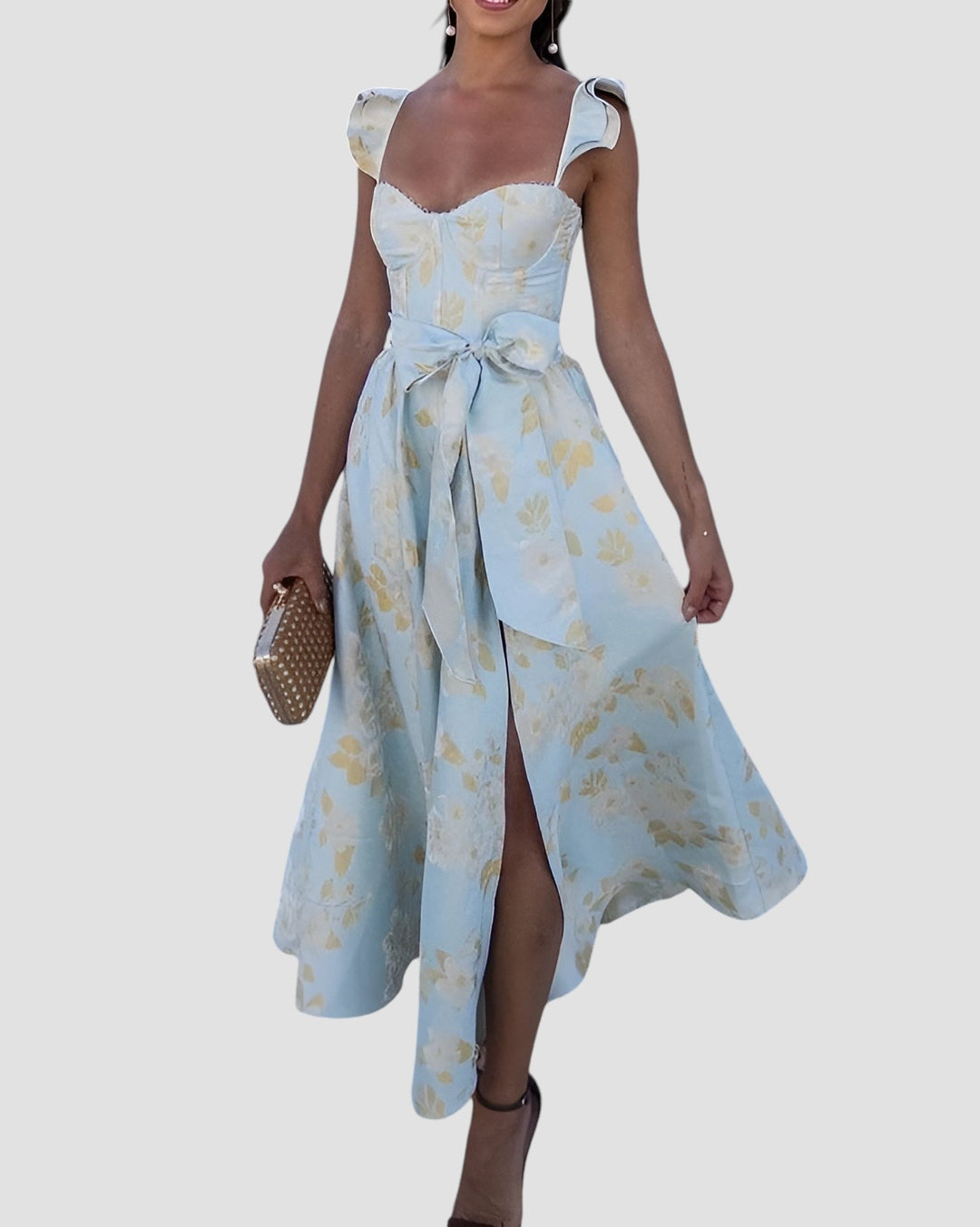 Olesya | Floral Print Ruffle Strap Midi Dress
