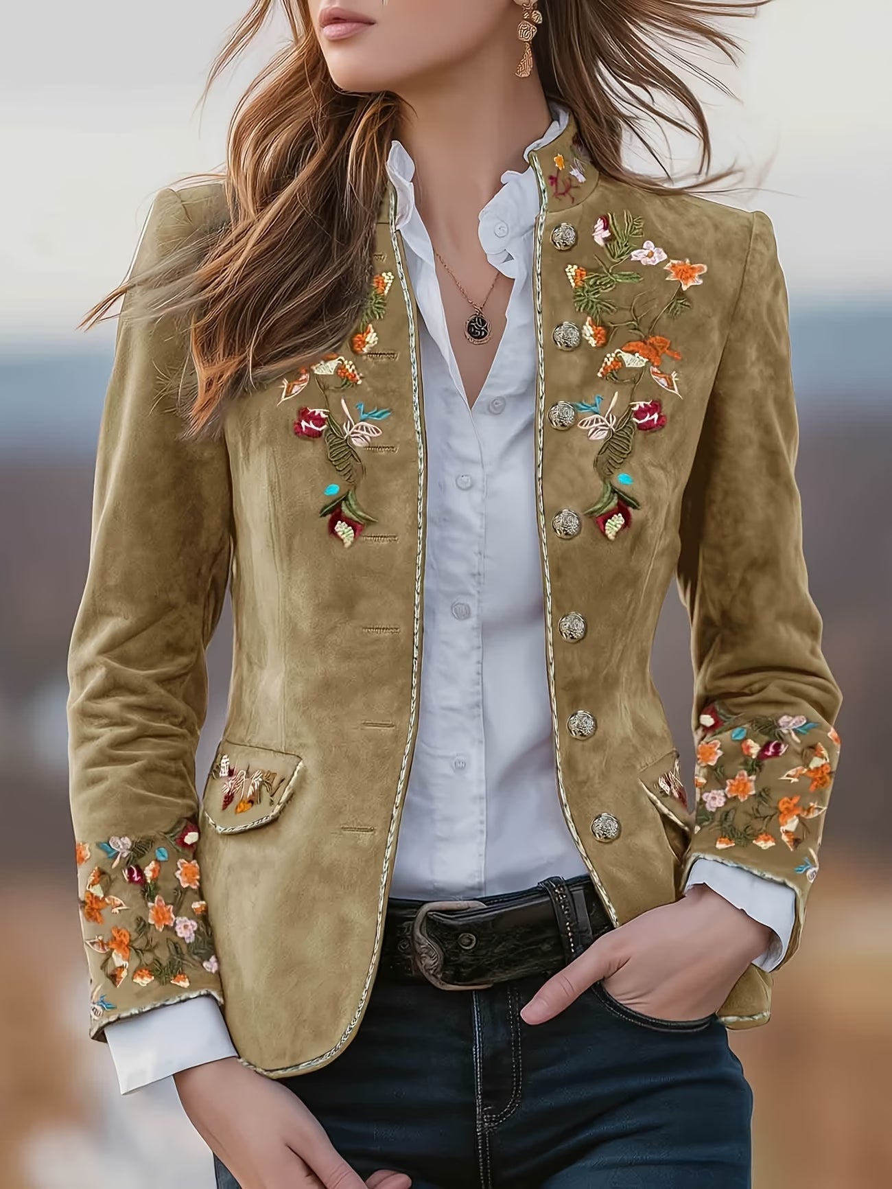 Anisaa | Embroidered Button Front Stand Collar Jacket