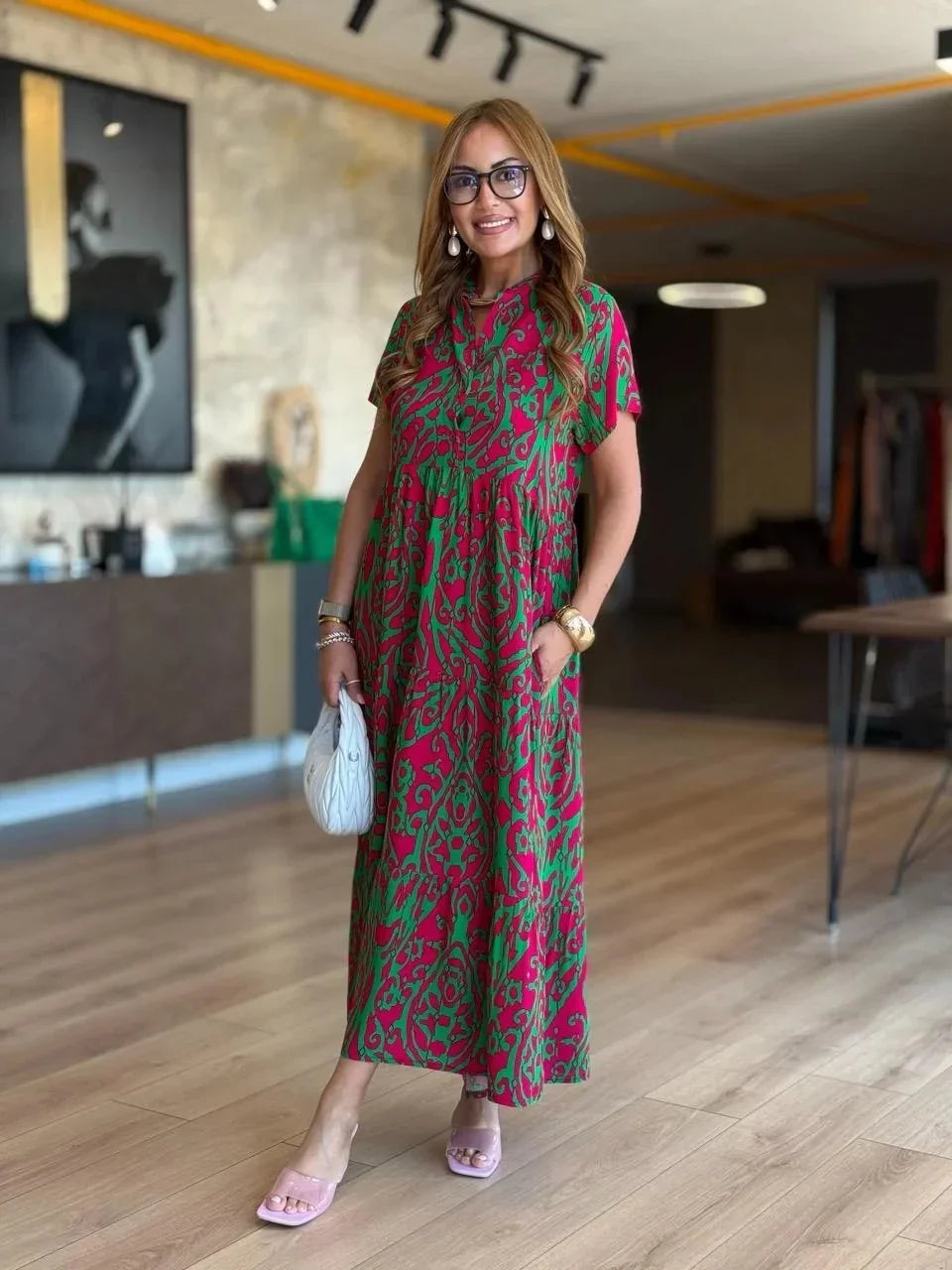 Jubilee | Printed Short Sleeve A-Line Maxi Dress