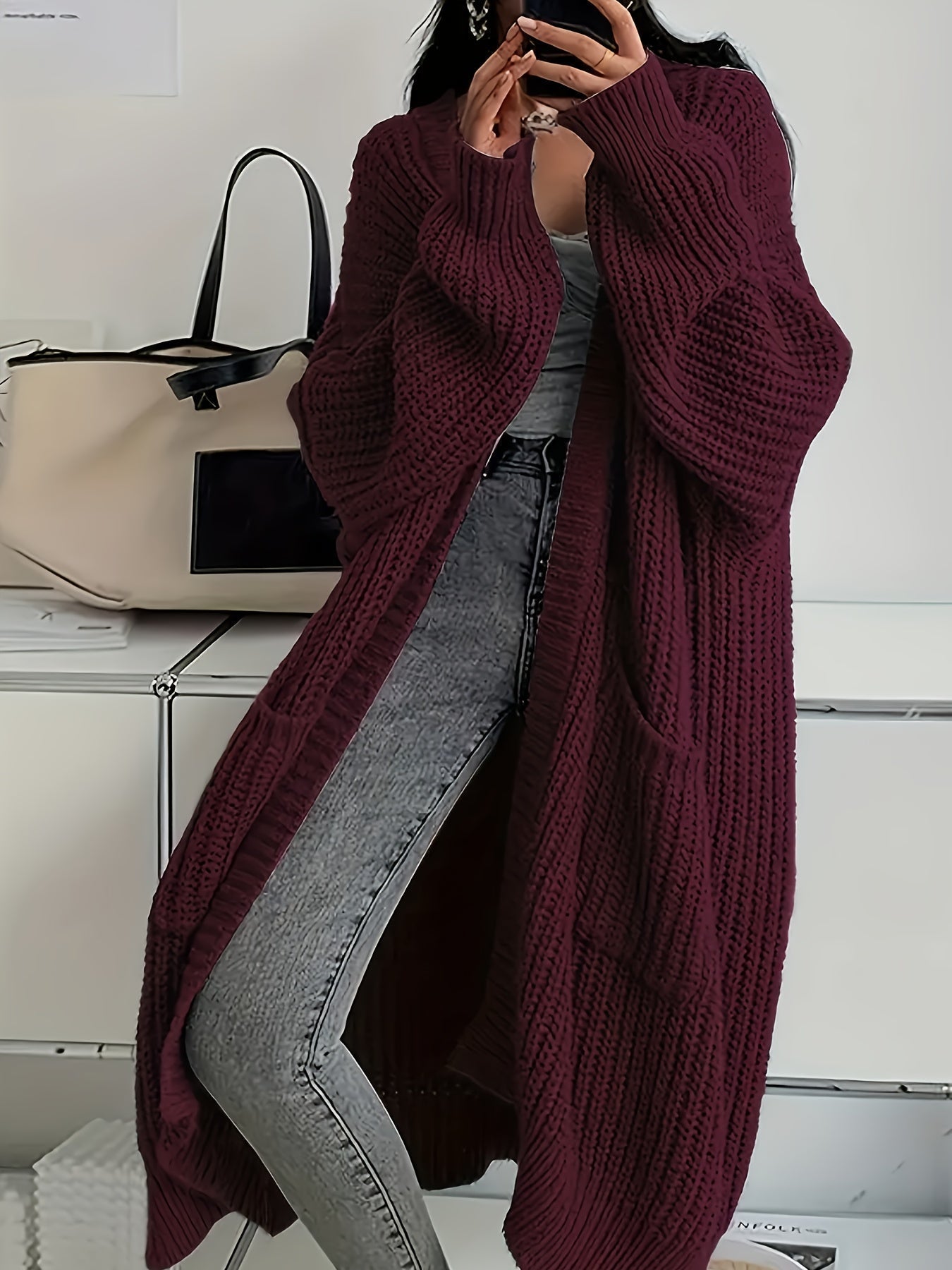 Maveoruna | Open Front Long Knit Cardigan with Pockets