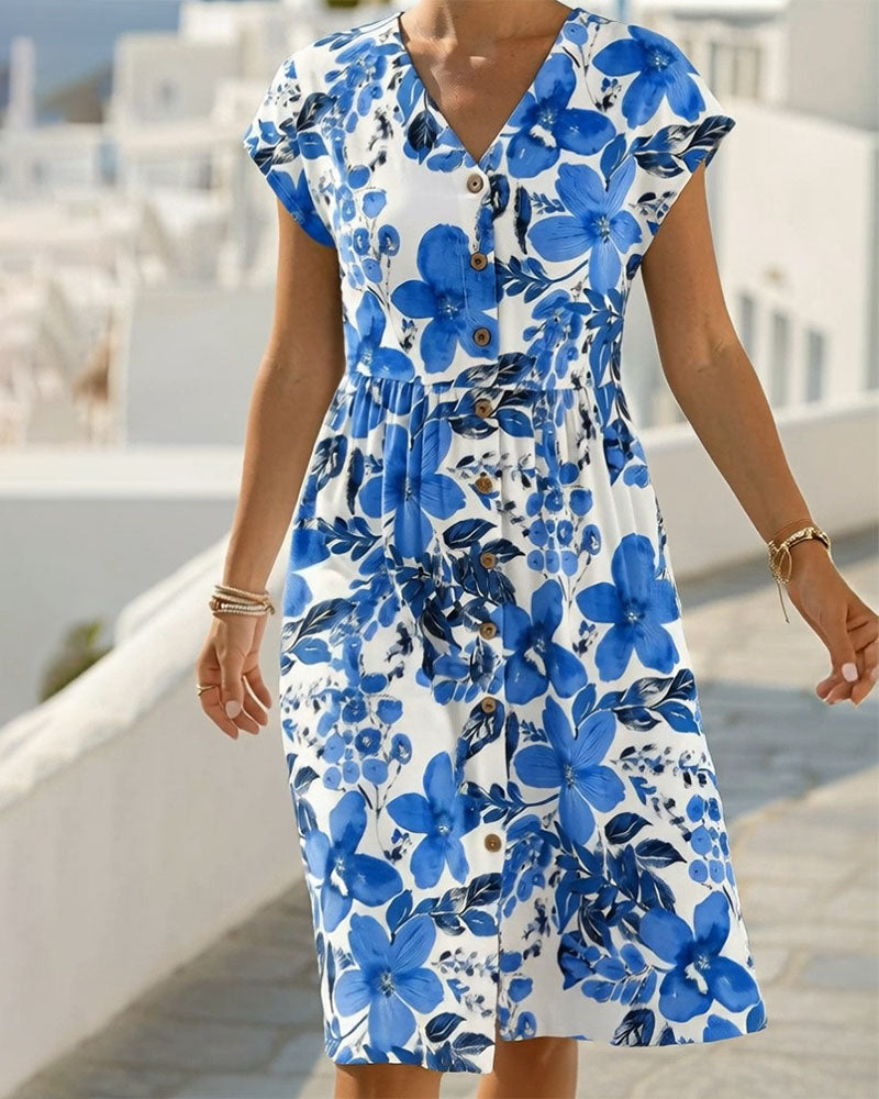 Sinera - Floral Print Short Sleeve Midi Dress