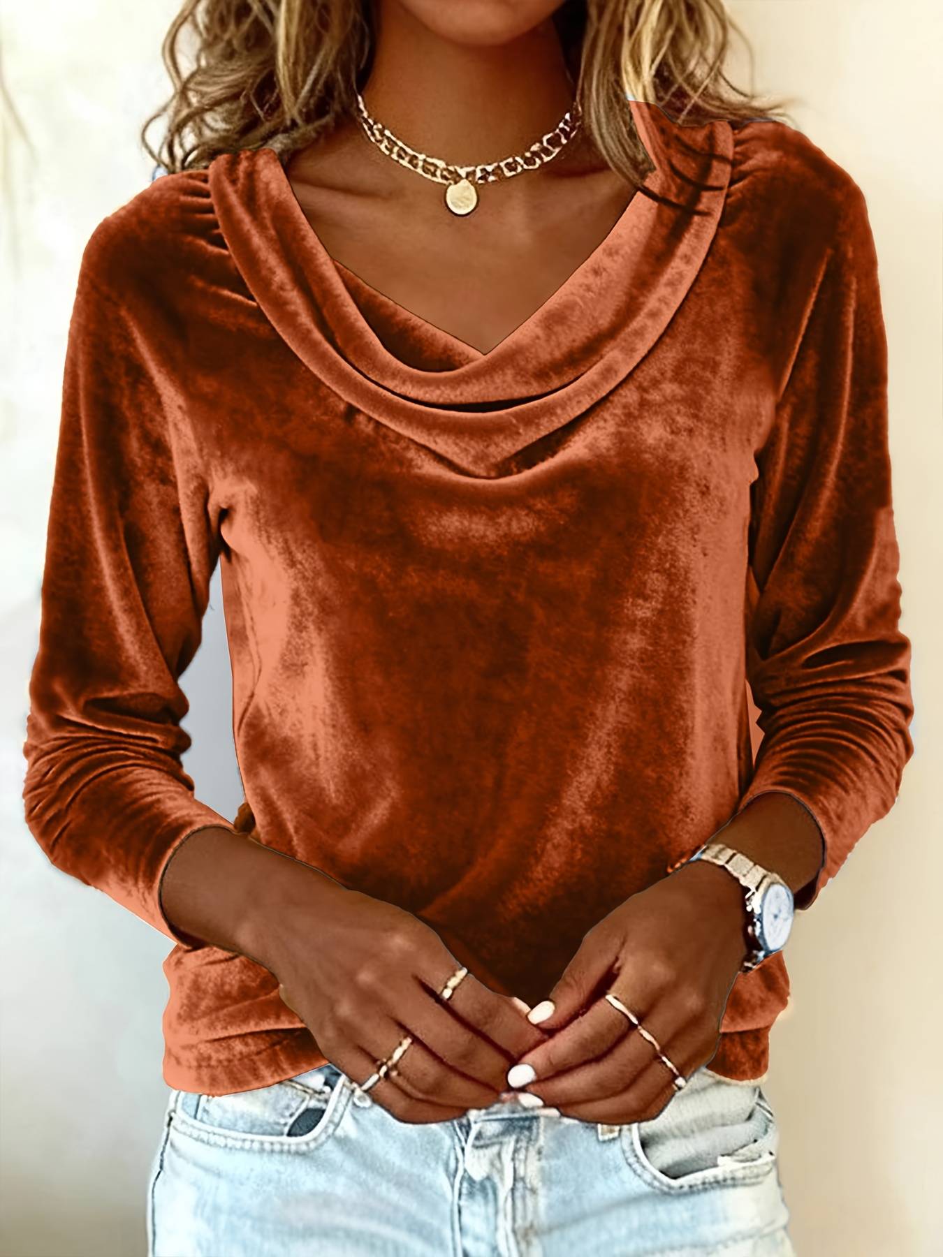 Ghania | Long Sleeve Velvet Cowl Neck Top