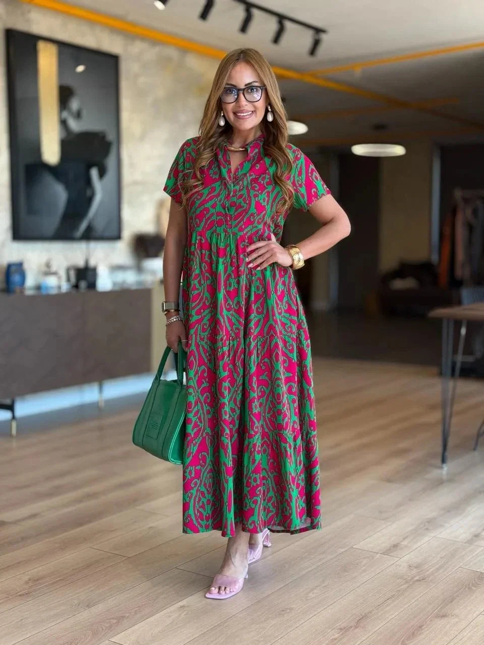 Jubilee | Printed Short Sleeve A-Line Maxi Dress