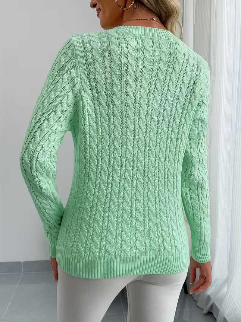 Lenea | Cable Knit V-Neck Long Sleeve Sweater